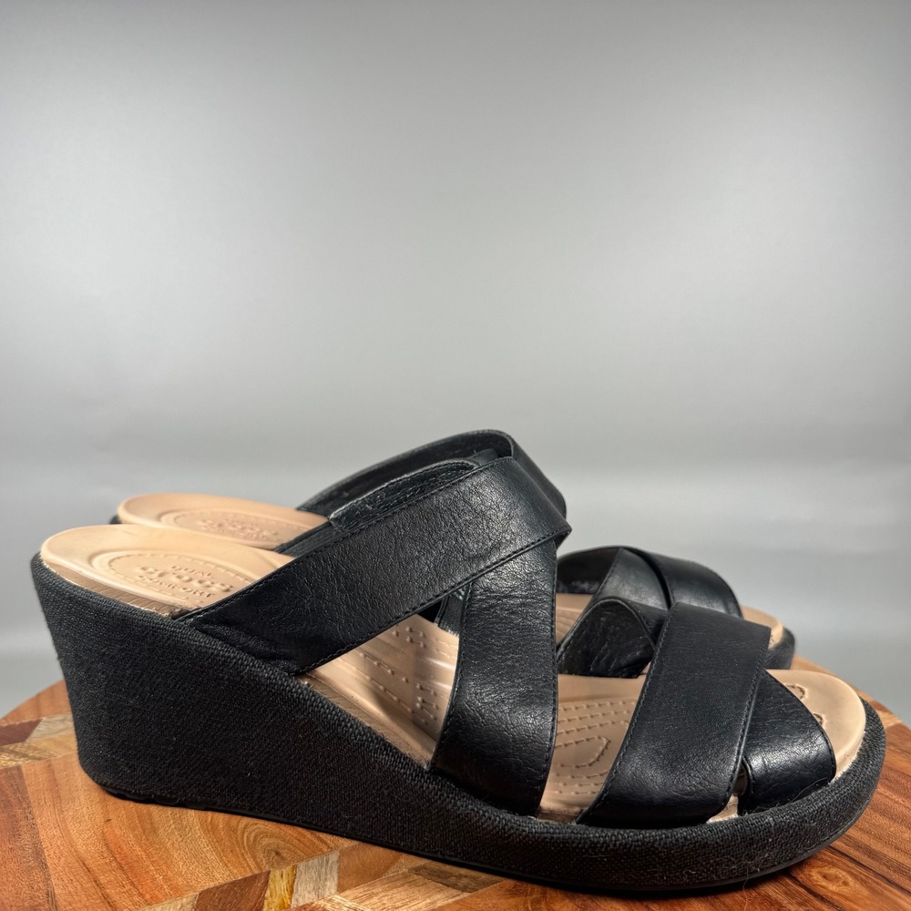 Crocs Leigh II Leather Cross Strap Wedge Sandals Black Tan Womens Size 11